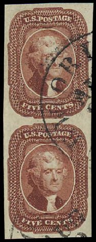 US Stamp Values Scott Catalogue #12 - 5c 1856 Jefferson. Daniel Kelleher Auctions, Jul 2011, Sale 625, Lot 676