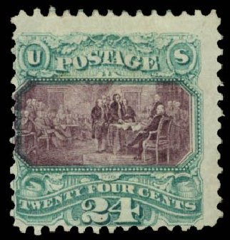 Value of US Stamp Scott Catalogue # 120 - 24c 1869 Pictorial Declaration. Daniel Kelleher Auctions, May 2014, Sale 652, Lot 248
