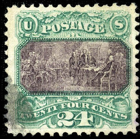 Cost of US Stamp Scott Catalog 120: 1869 24c Pictorial Declaration. Matthew Bennett International, Sep 2011, Sale 338, Lot 1799