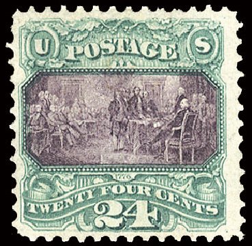 Values of US Stamp Scott Cat. #120: 24c 1869 Pictorial Declaration. Cherrystone Auctions, Nov 2008, Sale 200811, Lot 1059