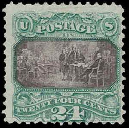 Values of US Stamps Scott Catalog # 120: 1869 24c Pictorial Declaration. H.R. Harmer, Nov 2013, Sale 3004, Lot 1109