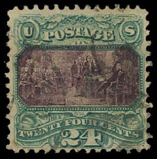 Prices of US Stamp Scott Cat. 120 - 24c 1869 Pictorial Declaration. Daniel Kelleher Auctions, Oct 2012, Sale 632, Lot 1035