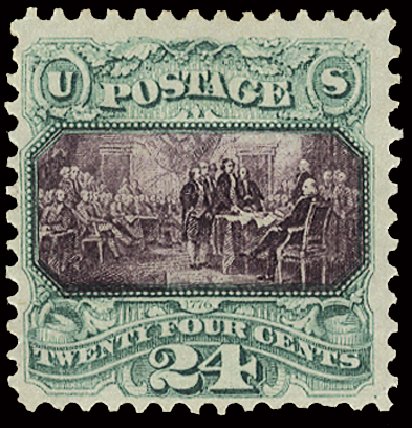 Values of US Stamp Scott Cat. #120: 1869 24c Pictorial Declaration. Cherrystone Auctions, Feb 2011, Sale 201102, Lot 52