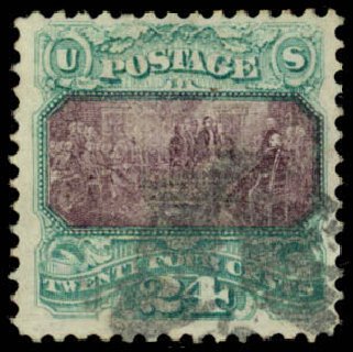 US Stamps Values Scott Catalog # 120 - 24c 1869 Pictorial Declaration. Daniel Kelleher Auctions, Mar 2013, Sale 635, Lot 302