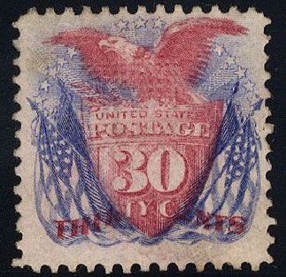 US Stamps Value Scott Catalogue #121: 1869 30c Pictorial Shield Eagle Flags. Cherrystone Auctions, Jan 2008, Sale 200801, Lot 1117
