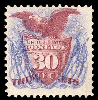 Cost of US Stamps Scott Cat. 121: 1869 30c Pictorial Shield Eagle Flags. Cherrystone Auctions, Jan 2010, Sale 201001, Lot 97