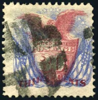 US Stamp Values Scott # 121 - 1869 30c Pictorial Shield Eagle Flags. Harmer-Schau Auction Galleries, Oct 2008, Sale 79, Lot 97