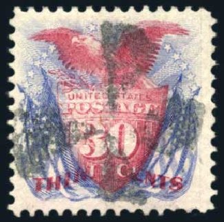 Cost of US Stamps Scott Catalogue #121 - 30c 1869 Pictorial Shield Eagle Flags. Harmer-Schau Auction Galleries, Jul 2010, Sale 86, Lot 387