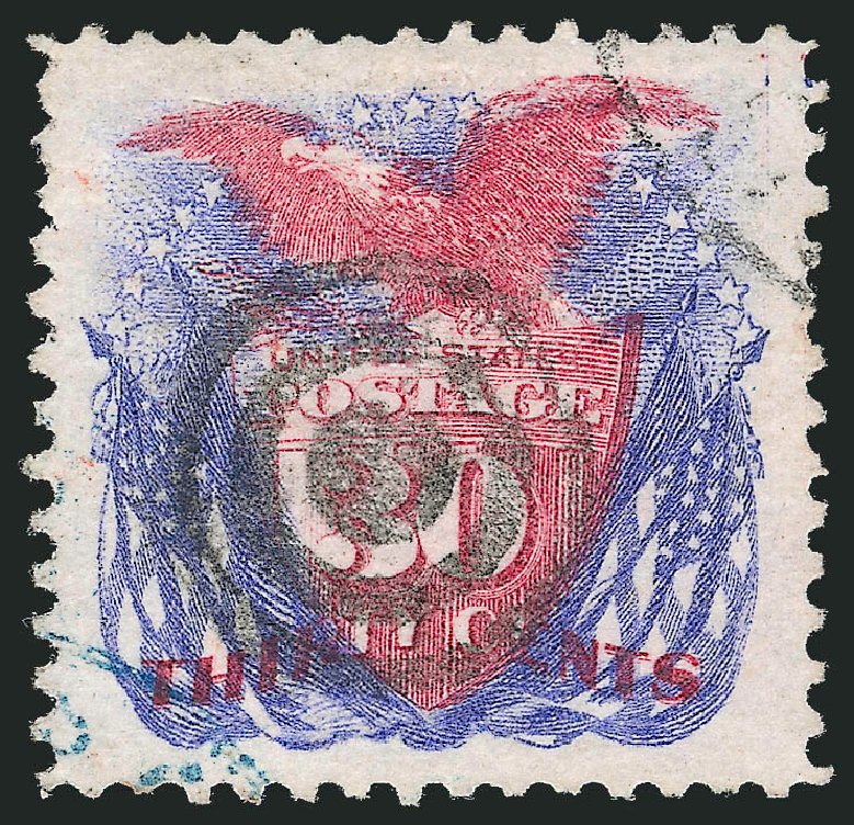 US Stamp Values Scott Catalogue # 121: 1869 30c Pictorial Shield Eagle Flags. Robert Siegel Auction Galleries, Oct 2011, Sale 1013, Lot 227