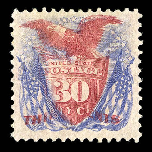 US Stamp Price Scott Cat. 121 - 1869 30c Pictorial Shield Eagle Flags. Matthew Bennett International, Sep 2012, Sale 345, Lot 158