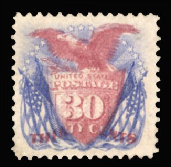 US Stamps Value Scott Catalog # 121 - 1869 30c Pictorial Shield Eagle Flags. Cherrystone Auctions, Sep 2013, Sale 201309, Lot 8