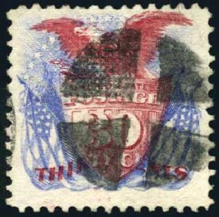 Cost of US Stamps Scott Catalogue 121: 30c 1869 Pictorial Shield Eagle Flags. Harmer-Schau Auction Galleries, Oct 2008, Sale 79, Lot 98