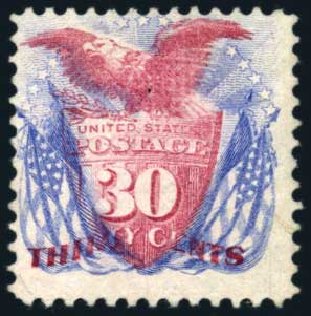 Value of US Stamp Scott Cat. #121: 30c 1869 Pictorial Shield Eagle Flags. Harmer-Schau Auction Galleries, Feb 2009, Sale 80, Lot 1148