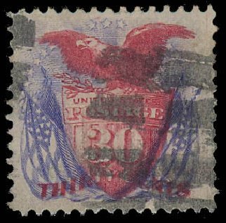 US Stamps Value Scott Catalogue #121: 1869 30c Pictorial Shield Eagle Flags. Daniel Kelleher Auctions, Jun 2012, Sale 630, Lot 1348