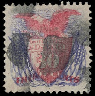 Values of US Stamp Scott Catalogue #121 - 1869 30c Pictorial Shield Eagle Flags. Daniel Kelleher Auctions, Oct 2012, Sale 632, Lot 1038