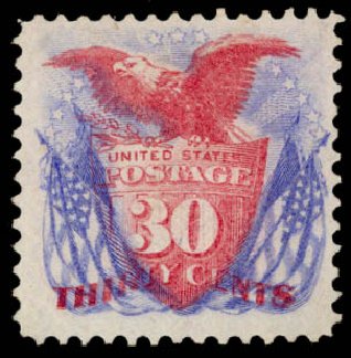 Values of US Stamps Scott Cat. 121: 1869 30c Pictorial Shield Eagle Flags. Daniel Kelleher Auctions, May 2015, Sale 669, Lot 2578