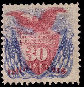 Costs of US Stamps Scott Catalog 121: 1869 30c Pictorial Shield Eagle Flags. Cherrystone Auctions, Nov 2009, Sale 200911, Lot 3059