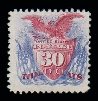 Costs of US Stamps Scott 121: 1869 30c Pictorial Shield Eagle Flags. Matthew Bennett International, Dec 2007, Sale 325, Lot 1610