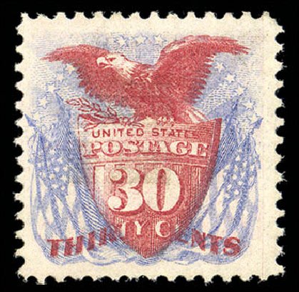Costs of US Stamp Scott Cat. # 121 - 30c 1869 Pictorial Shield Eagle Flags. Matthew Bennett International, Sep 2010, Sale 331, Lot 480