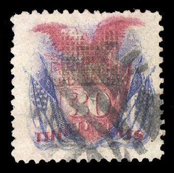 Cost of US Stamp Scott Catalog 121: 30c 1869 Pictorial Shield Eagle Flags. Cherrystone Auctions, Mar 2015, Sale 201503, Lot 10