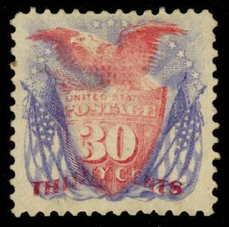 Costs of US Stamp Scott Catalogue 121: 1869 30c Pictorial Shield Eagle Flags. Daniel Kelleher Auctions, Sep 2013, Sale 639, Lot 390