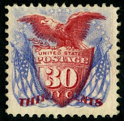 US Stamp Prices Scott Catalog #121 - 1869 30c Pictorial Shield Eagle Flags. Matthew Bennett International, May 2008, Sale 327, Lot 121