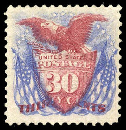 Cost of US Stamp Scott Cat. 121: 1869 30c Pictorial Shield Eagle Flags. Matthew Bennett International, Mar 2011, Sale 337, Lot 2581