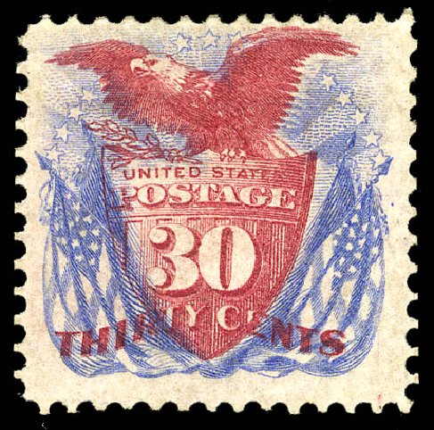Value of US Stamps Scott 121 - 1869 30c Pictorial Shield Eagle Flags. Matthew Bennett International, May 2014, Sale 350, Lot 231