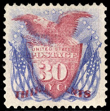 Value of US Stamps Scott Cat. 121 - 1869 30c Pictorial Shield Eagle Flags. Cherrystone Auctions, Sep 2012, Sale 201209, Lot 61