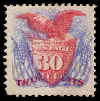 US Stamps Value Scott Cat. 121: 1869 30c Pictorial Shield Eagle Flags. Daniel Kelleher Auctions, Apr 2013, Sale 636, Lot 141