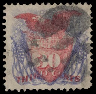 Prices of US Stamps Scott 121: 30c 1869 Pictorial Shield Eagle Flags. Daniel Kelleher Auctions, May 2015, Sale 669, Lot 2581