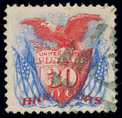 Values of US Stamps Scott Cat. 121 - 1869 30c Pictorial Shield Eagle Flags. Matthew Bennett International, Jun 2008, Sale 328, Lot 634