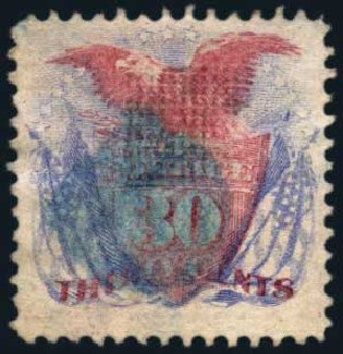 Value of US Stamps Scott Catalogue #121: 30c 1869 Pictorial Shield Eagle Flags. Harmer-Schau Auction Galleries, Jan 2014, Sale 100, Lot 464
