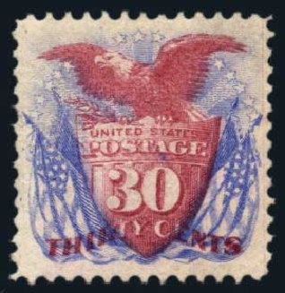 US Stamp Values Scott Catalogue # 121: 30c 1869 Pictorial Shield Eagle Flags. Harmer-Schau Auction Galleries, Aug 2014, Sale 102, Lot 1764