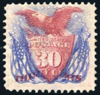 Values of US Stamps Scott Catalog # 121: 30c 1869 Pictorial Shield Eagle Flags. Harmer-Schau Auction Galleries, Aug 2011, Sale 90, Lot 1284