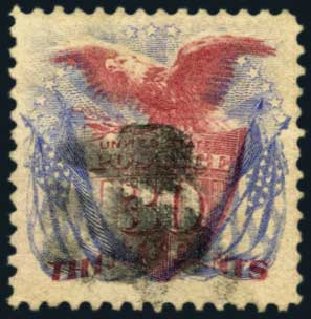 Costs of US Stamp Scott #121: 1869 30c Pictorial Shield Eagle Flags. Harmer-Schau Auction Galleries, Jan 2013, Sale 96, Lot 474