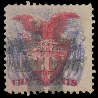 Values of US Stamps Scott Cat. #121 - 30c 1869 Pictorial Shield Eagle Flags. Daniel Kelleher Auctions, Oct 2012, Sale 632, Lot 1044