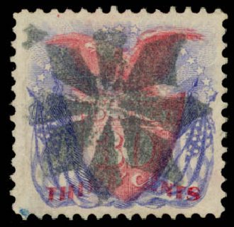 US Stamps Price Scott Cat. # 121: 1869 30c Pictorial Shield Eagle Flags. Daniel Kelleher Auctions, Jan 2015, Sale 663, Lot 1354
