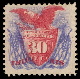 US Stamps Value Scott #121 - 1869 30c Pictorial Shield Eagle Flags. Daniel Kelleher Auctions, May 2015, Sale 669, Lot 2584