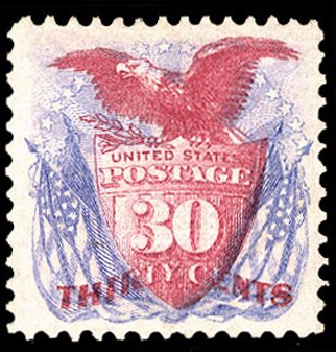 US Stamp Value Scott Catalogue # 121: 1869 30c Pictorial Shield Eagle Flags. Cherrystone Auctions, Jan 2010, Sale 201001, Lot 95