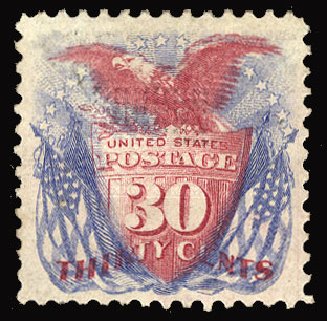 Values of US Stamp Scott # 121 - 1869 30c Pictorial Shield Eagle Flags. Cherrystone Auctions, Jun 2012, Sale 201206, Lot 75