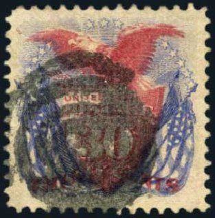 Value of US Stamp Scott Catalog 121 - 1869 30c Pictorial Shield Eagle Flags. Harmer-Schau Auction Galleries, Aug 2012, Sale 94, Lot 1215