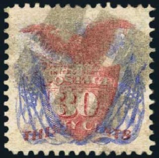 Value of US Stamp Scott Cat. #121 - 30c 1869 Pictorial Shield Eagle Flags. Harmer-Schau Auction Galleries, Jan 2013, Sale 96, Lot 475