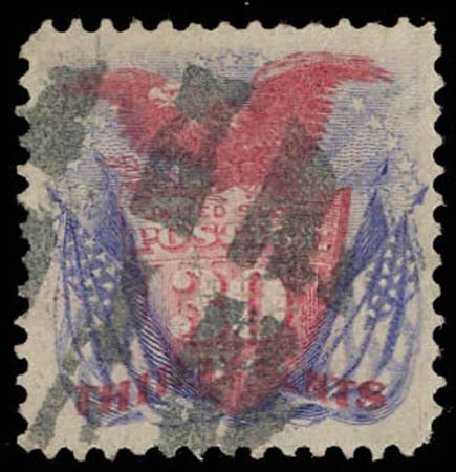 US Stamps Price Scott Cat. 121 - 1869 30c Pictorial Shield Eagle Flags. Daniel Kelleher Auctions, Oct 2011, Sale 626, Lot 145