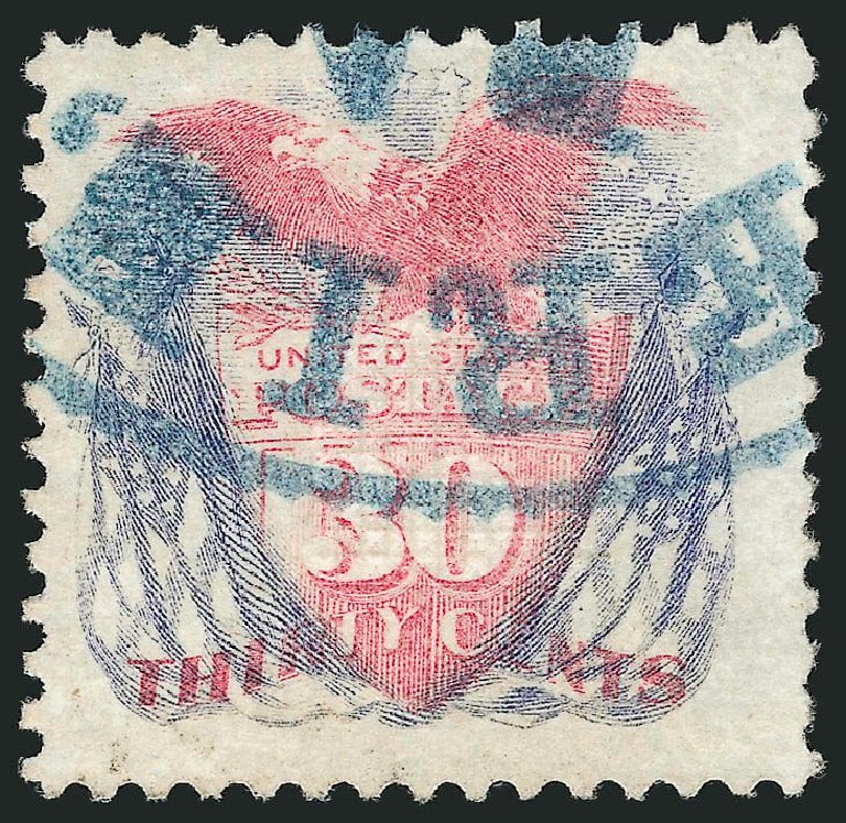 US Stamp Value Scott Catalogue 121 - 1869 30c Pictorial Shield Eagle Flags. Robert Siegel Auction Galleries, Mar 2014, Sale 1067, Lot 1125