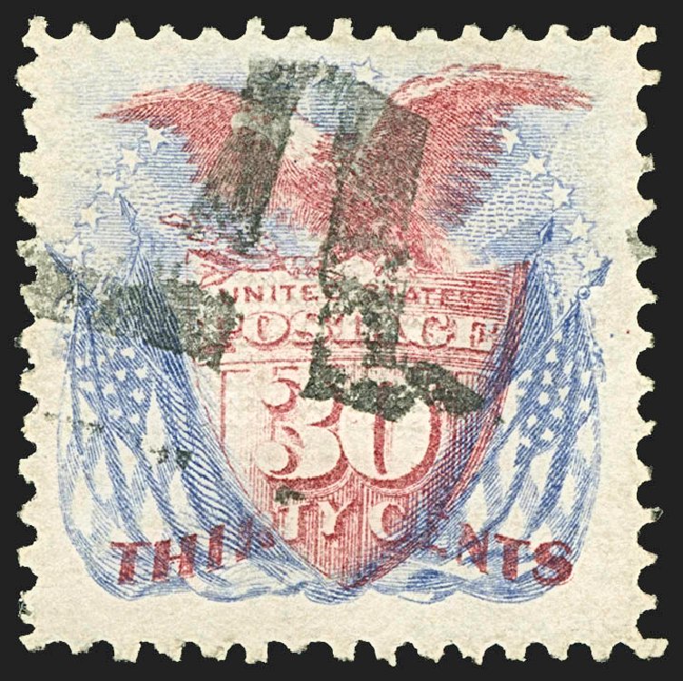 US Stamp Values Scott Catalog # 121 - 30c 1869 Pictorial Shield Eagle Flags. Robert Siegel Auction Galleries, Jul 2015, Sale 1107, Lot 245