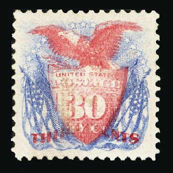 Value of US Stamp Scott Cat. #121 - 1869 30c Pictorial Shield Eagle Flags. Cherrystone Auctions, Jan 2015, Sale 201501, Lot 142