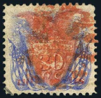 US Stamp Prices Scott Cat. 121 - 1869 30c Pictorial Shield Eagle Flags. Harmer-Schau Auction Galleries, May 2015, Sale 105, Lot 122