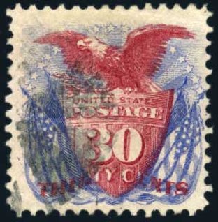 Prices of US Stamps Scott Catalog # 121: 30c 1869 Pictorial Shield Eagle Flags. Harmer-Schau Auction Galleries, Jun 2008, Sale 78, Lot 1362