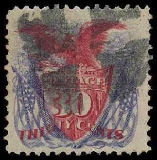 US Stamps Price Scott # 121: 30c 1869 Pictorial Shield Eagle Flags. Daniel Kelleher Auctions, Oct 2012, Sale 632, Lot 1042